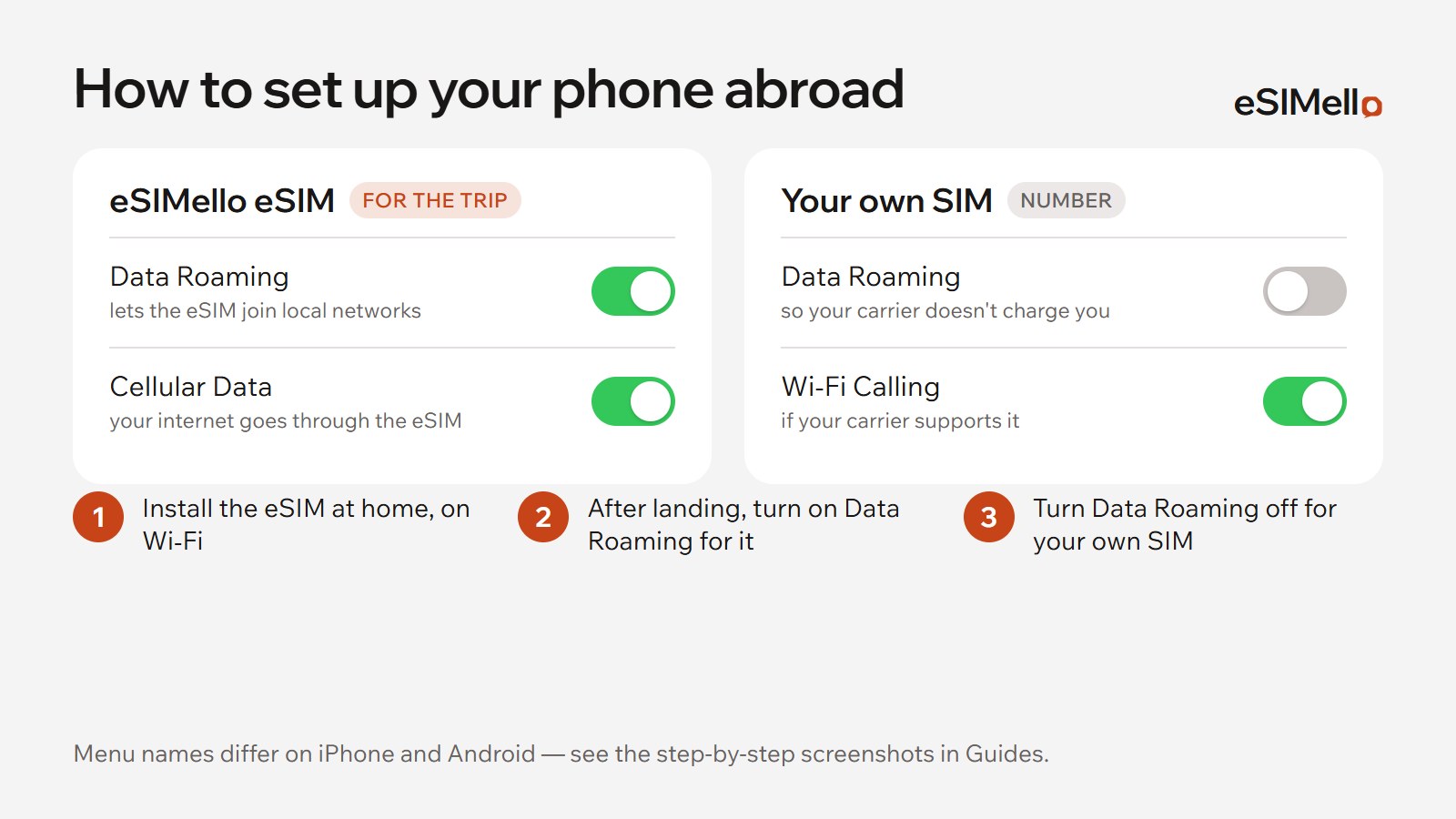 Phone settings abroad: for the travel eSIM, Data Roaming and Cellular Data on; for your own SIM, Data Roaming off and Wi‑Fi Calling on if your carrier supports it.