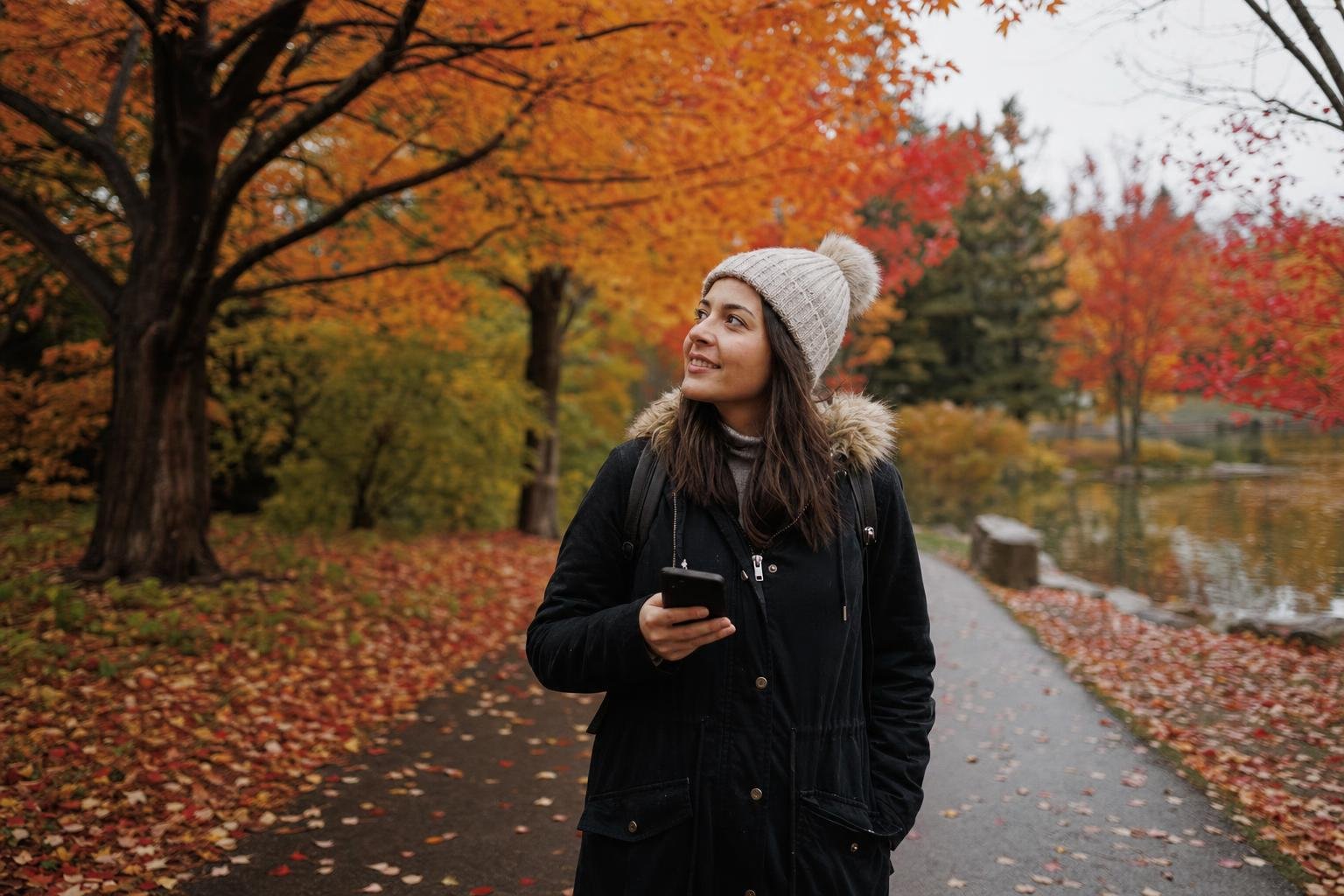 Illustration: a traveller with a phone walking through a park of red and orange maple trees.