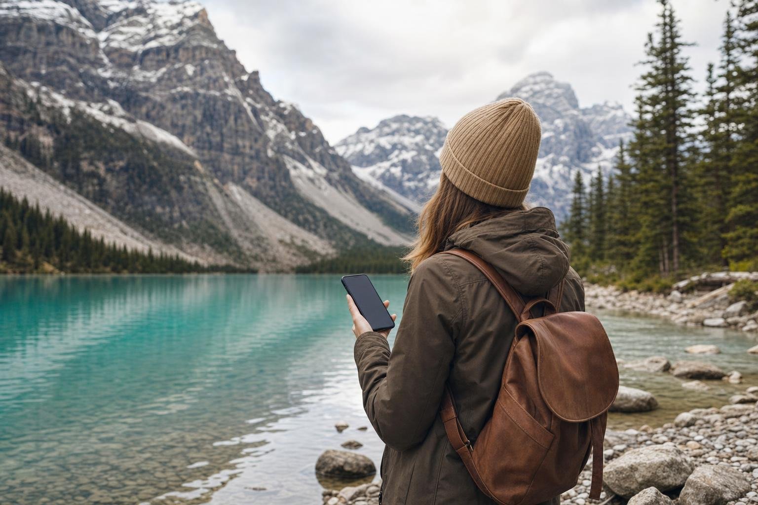 Illustration: a traveller with a phone at a turquoise mountain lake surrounded by pine forest.