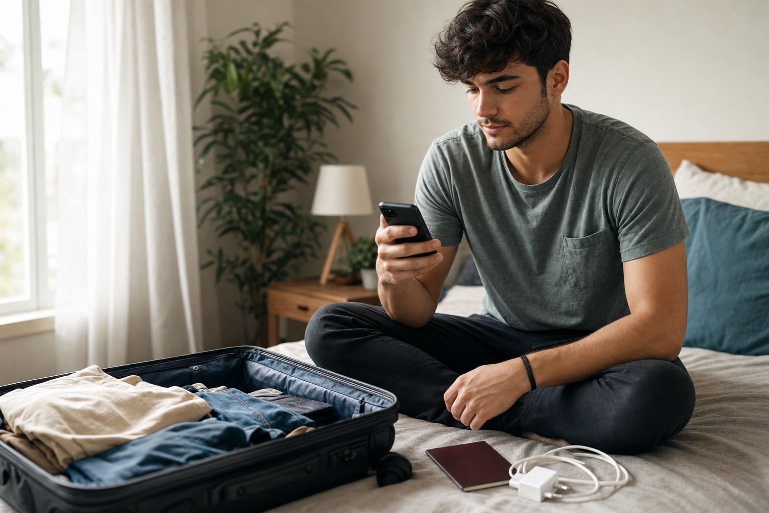 Illustration: a traveller sitting on a bed by an open suitcase and a charger, looking at a phone.