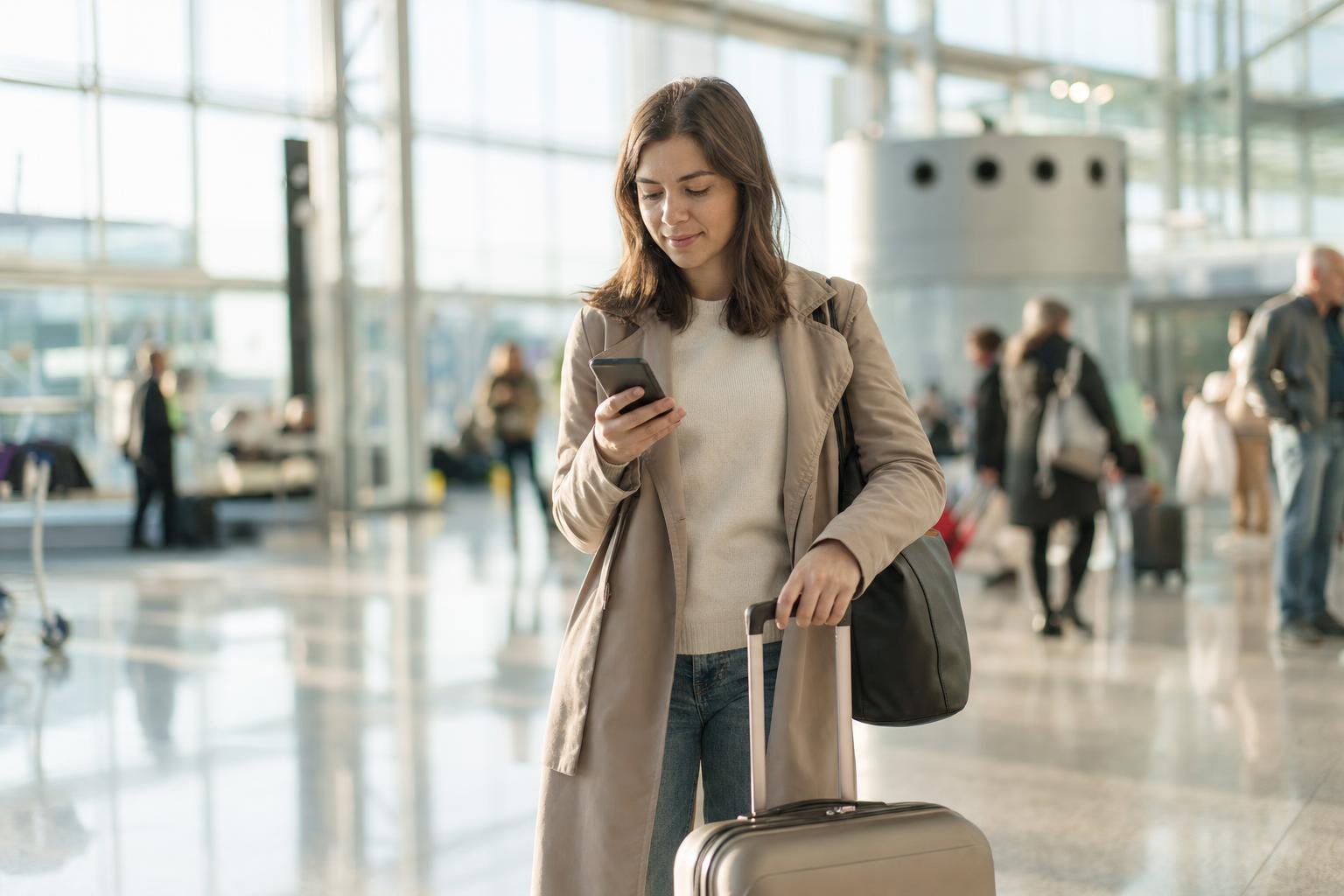 Illustration: a traveller with a suitcase in a bright airport arrivals hall, looking at her phone.