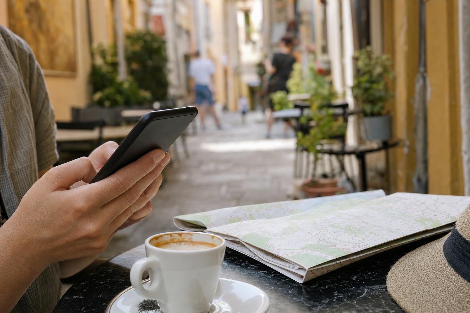 Illustration: a traveller's hands holding a phone at a café table on an old town street, a paper map and a cup of coffee beside it.