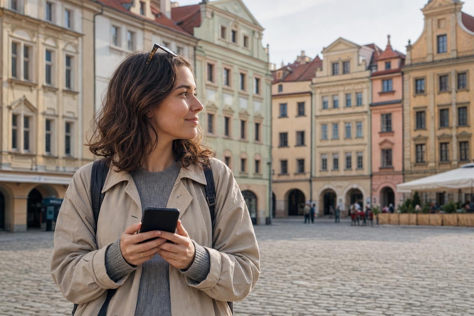 Illustration: a traveller with a phone on a cobbled square of a European old town lined with pastel houses.