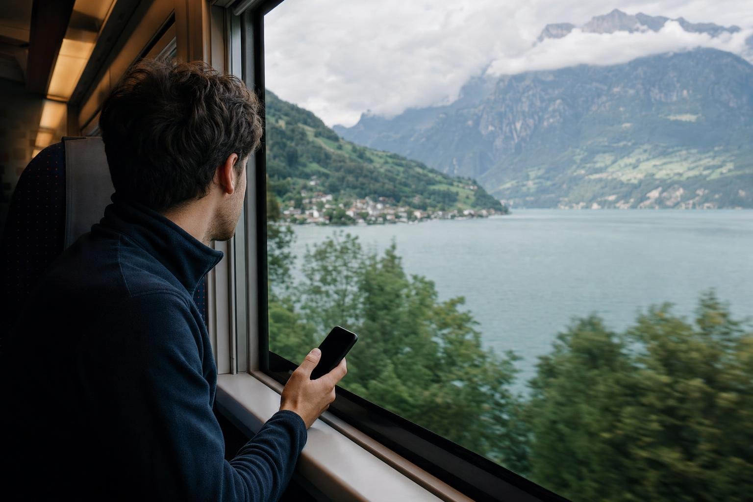 Illustration: a traveller with a phone at the window of a train passing an Alpine lake and mountains.