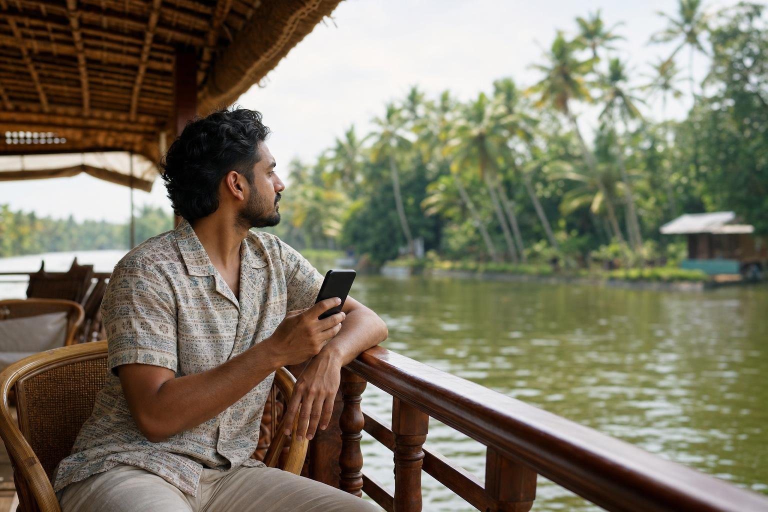Illustration: a traveller with a phone on the deck of a houseboat on palm-lined backwaters.