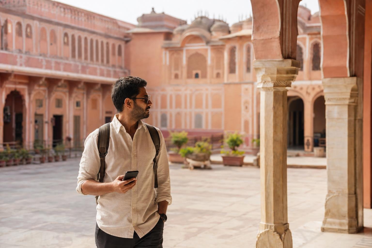 Illustration: a traveller with a phone in the courtyard of a pink sandstone palace in warm light.