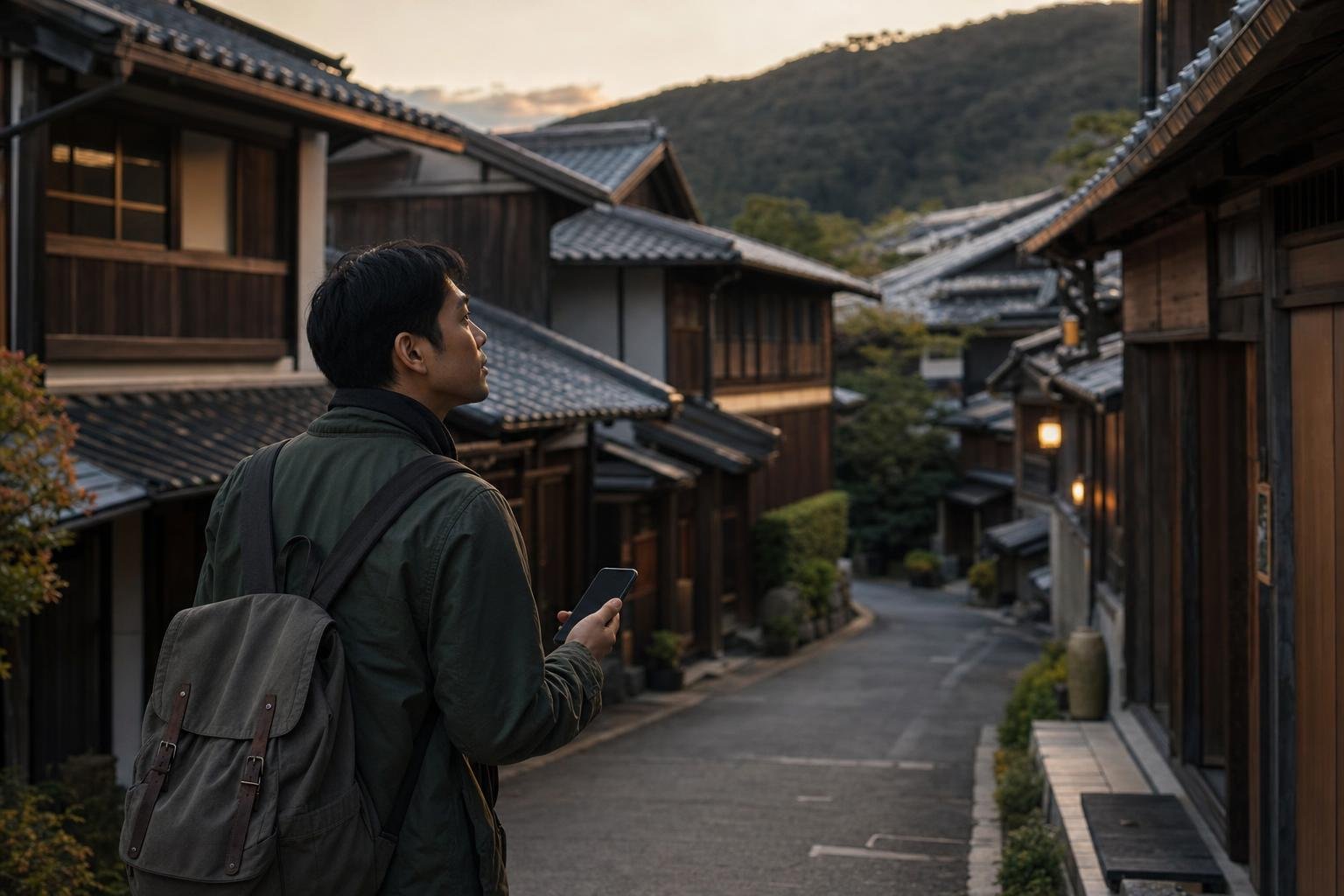 Illustration: a traveller with a phone on a quiet street of traditional wooden houses in Japan, in soft evening light.