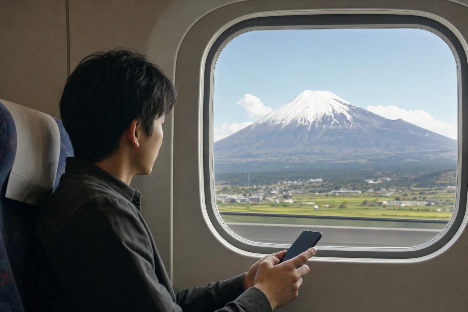 Illustration: a traveller with a phone at the window seat of a high-speed train, a snow-capped mountain outside.
