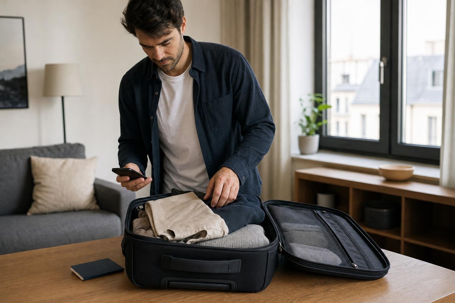 Illustration: a traveller packing a carry-on bag in an apartment, a phone in one hand.