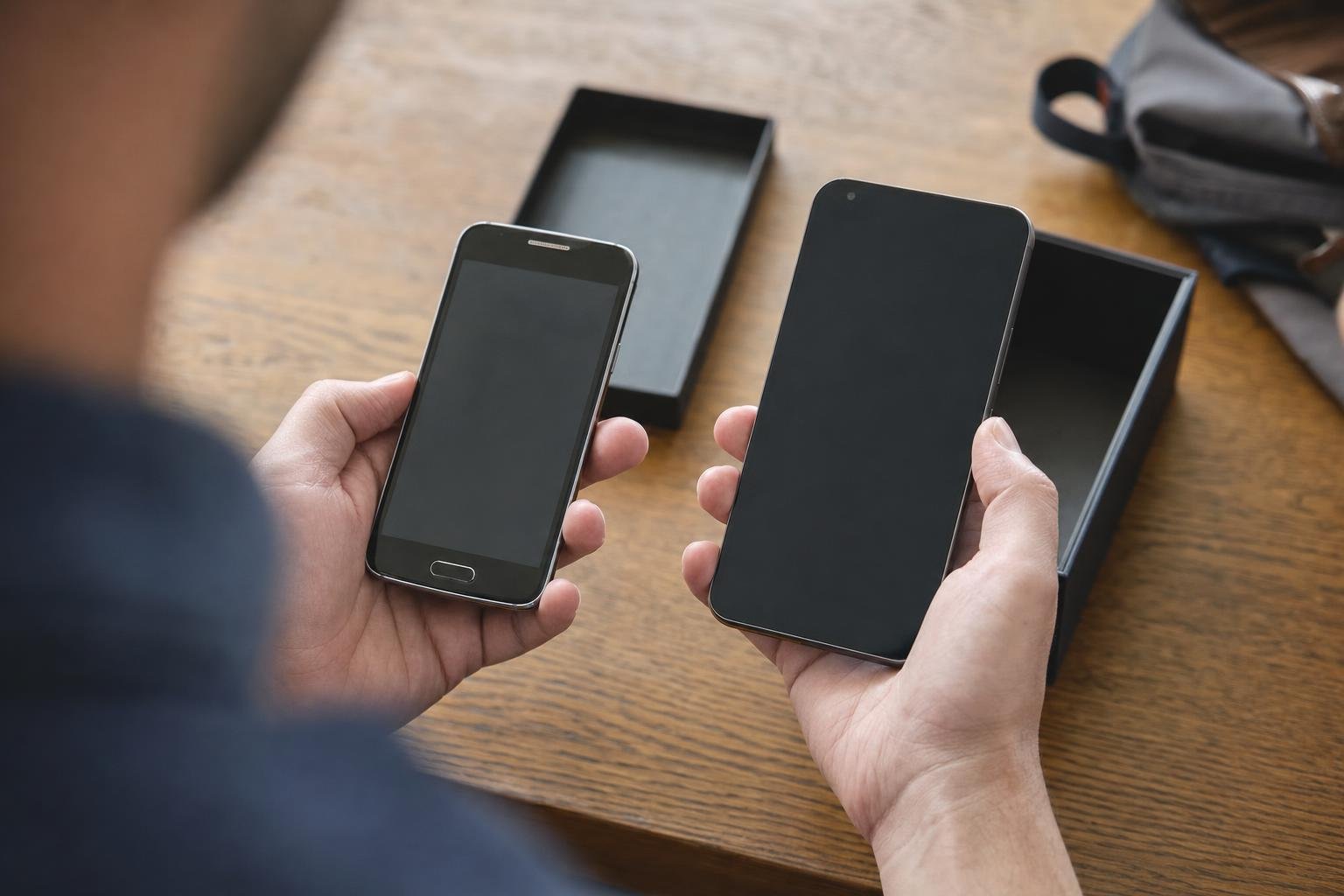 Illustration: hands holding an older and a newer phone side by side above a desk with an open phone box.