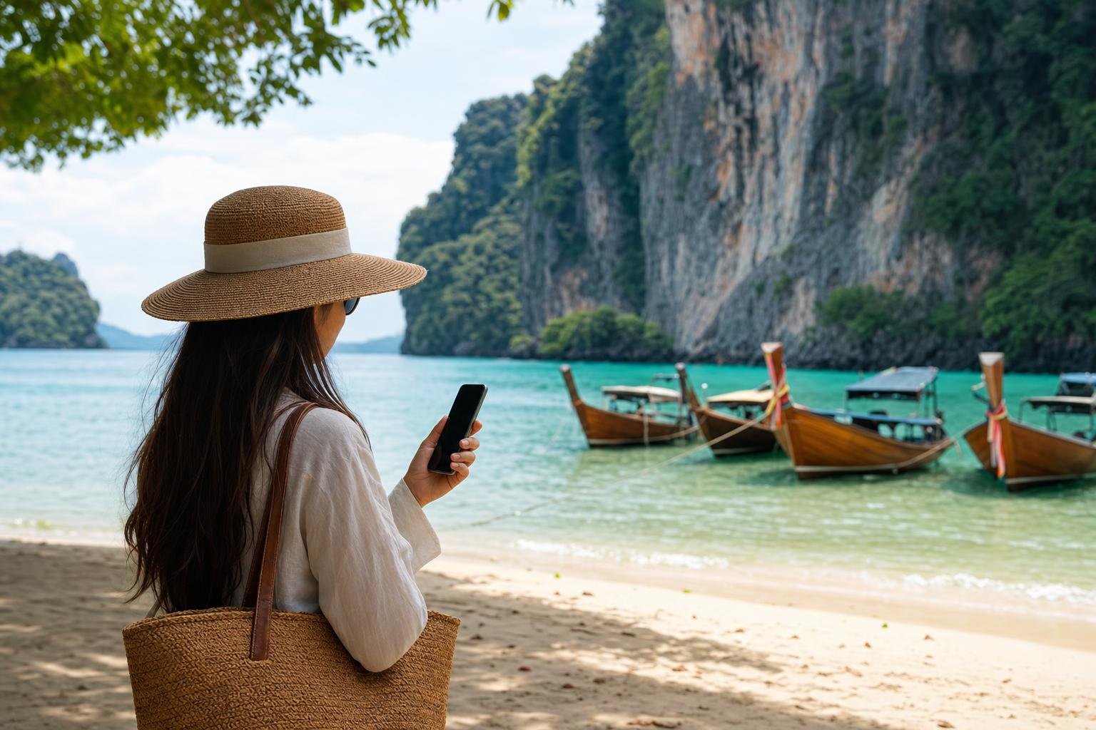 Illustration: a traveller with a phone on a tropical beach with limestone cliffs and wooden long-tail boats.