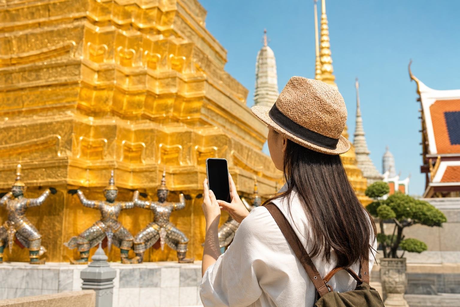 Illustration: a traveller with a phone in front of a golden Buddhist temple in bright sun.