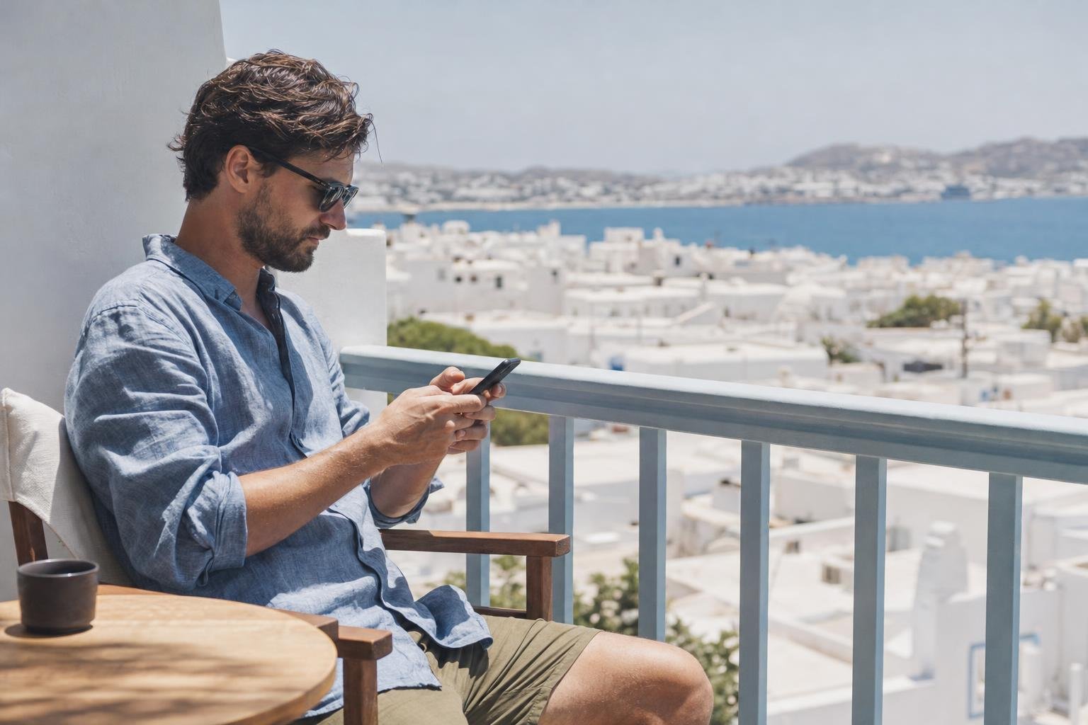 Illustration: a traveller typing on a phone on a hotel balcony above a white seaside town and the sea.
