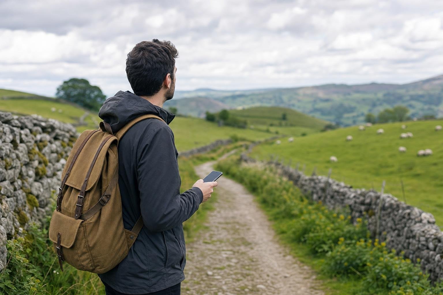 Illustration: a traveller with a phone on a footpath through green English countryside with stone walls and sheep.