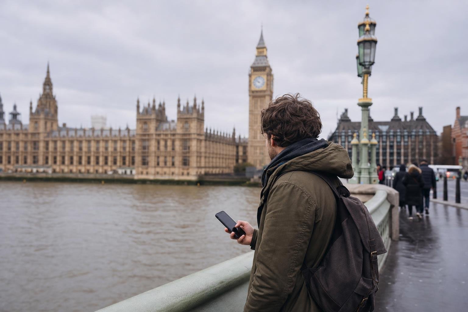 Illustration: a traveller with a phone on a bridge over the River Thames, historic buildings across the water.
