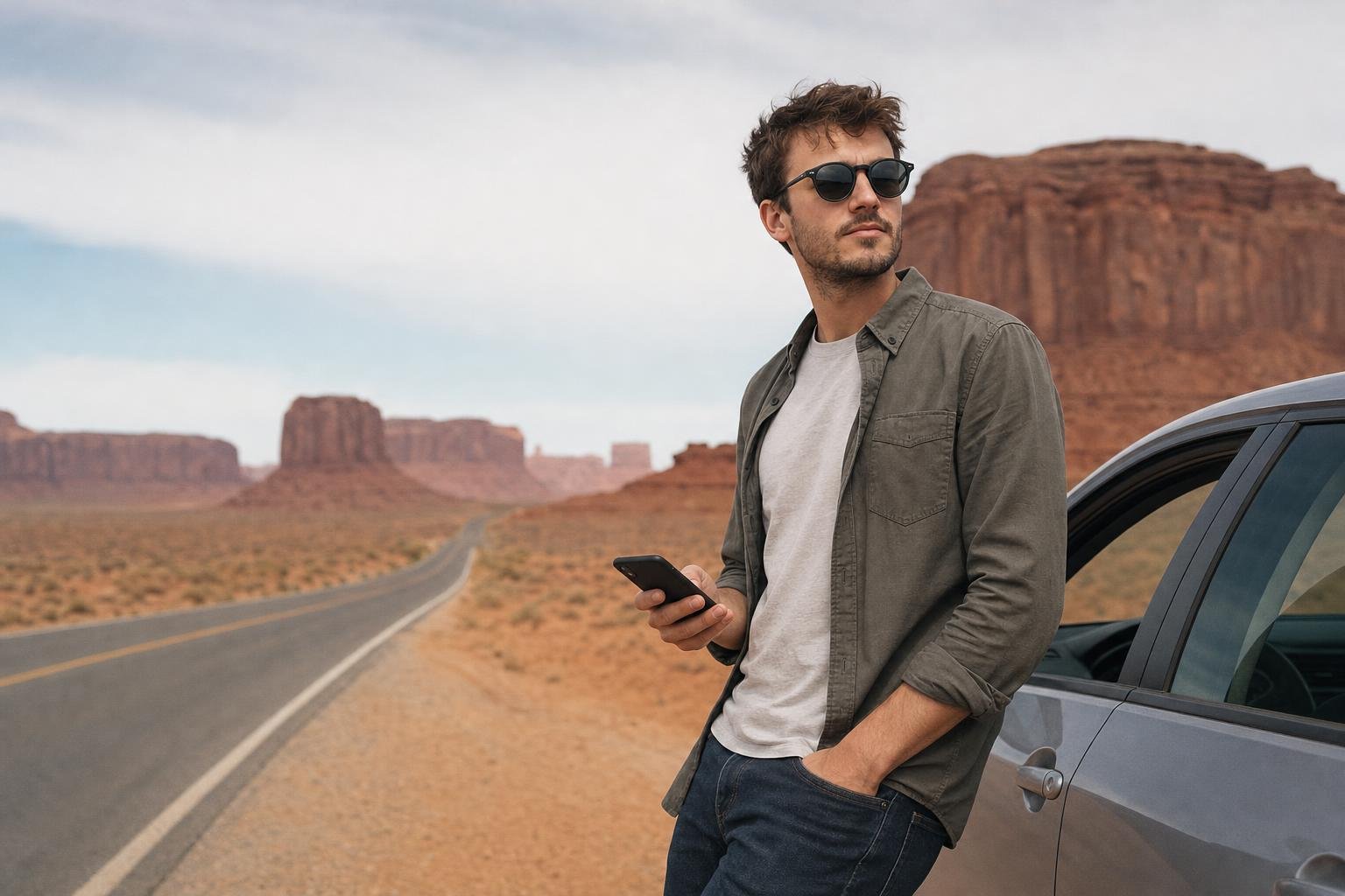 Illustration: a traveller with a phone beside a car on an empty desert highway among red rocks.