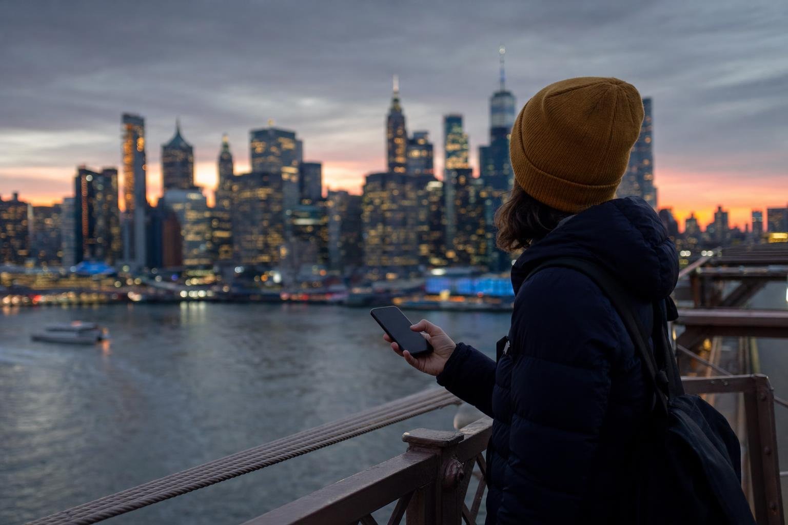 Illustration: a traveller with a phone on a pedestrian bridge above a big American city at dusk.