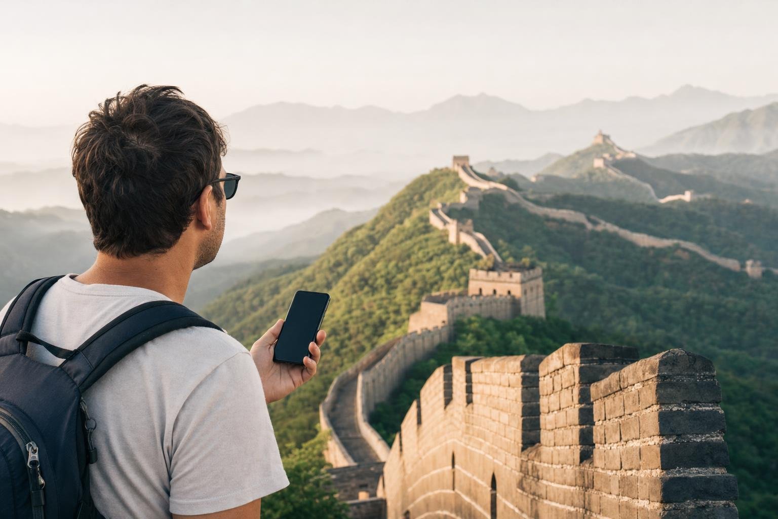 Illustration: a traveller with a phone on the Great Wall of China, winding over green hills in morning haze.